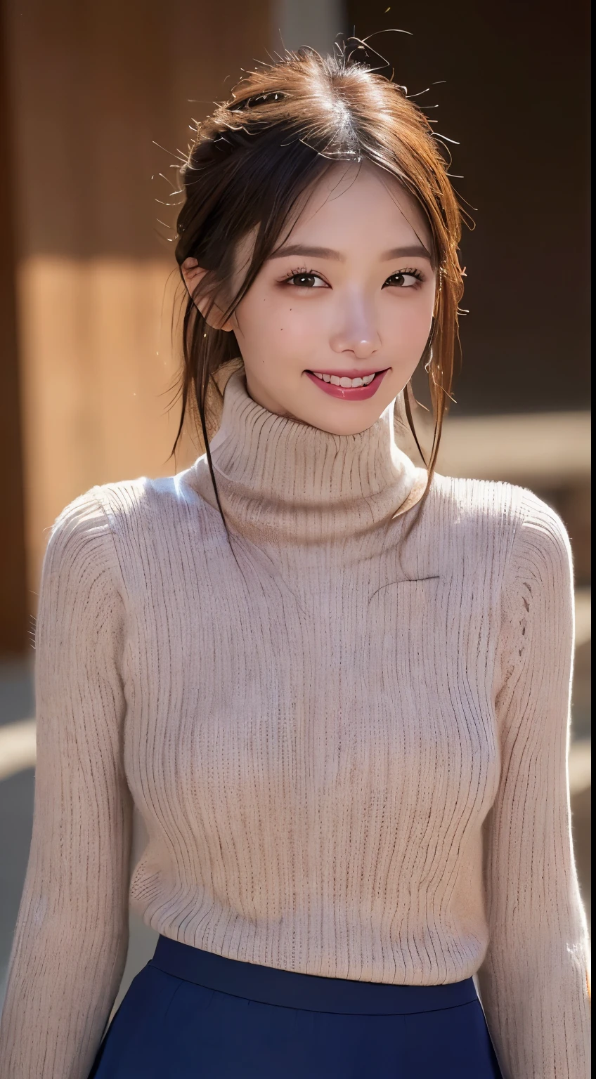 (masterpiece:1.35),(best-quality:1.4),8k,ultra-detailed,photography,(ultra-realistic:1.4), adult girl, very beautiful face, ponytails hair, sweet eyes, beauty smile, (quite a bit body), big breasts ,((knitted turtleneck cropped sleeveless shirt, nipples, abdominal muscles, in front of, fire place background,
