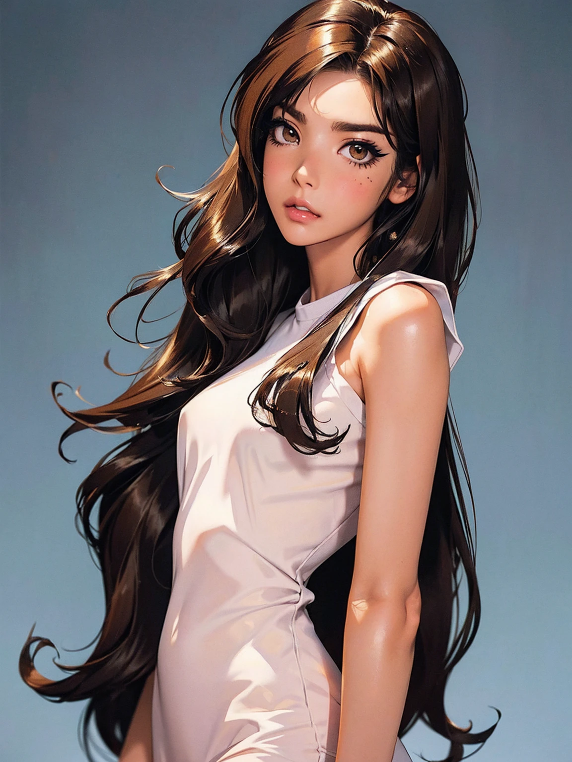 Top quality, masterpiece, (realistic: 1.2), 1 girl, long brown hair and brown eyes, upper body, looking into the camera and smiling gently, M-shaped legs spread