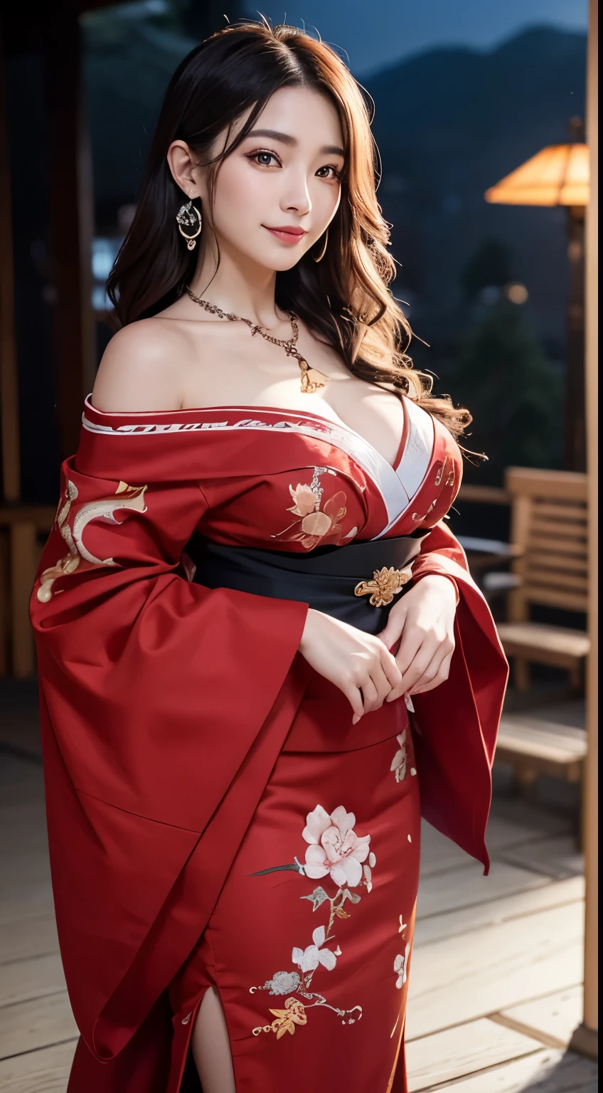 top-quality、Top image quality、​masterpiece、fully body photo、25 years old women, governess、Dark brown wavy middle hair、bangss、((Red kimono、golden embroidery))、 ((no-bra、Puffy nipple、))、soft boob、breasts of medium size,、Kamimei、 Shy laughter、luxury hotel room、Lying on the floor、Show your ass、((Grasp your breasts with both hands over your clothes、Touching the crotch))