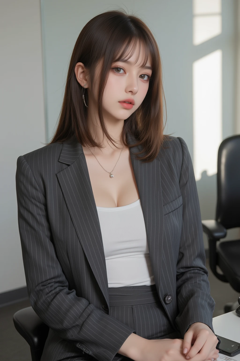 Masterpiece,  best quality ,  1 girl, Alone,  upper body, Some ,  stylish business wear ,  with a gray pinstripe suit 、 fitted jackets are visible in the bright conference room,  wearing a white tank top inside in a bright conference room ,   serious expression, subtle  reflections  on the meeting table,  focusing on the details of the face and suit , slightly turned to the side" ( accentuating details of the face and suit ,  reflections ,  Sharp focus ).