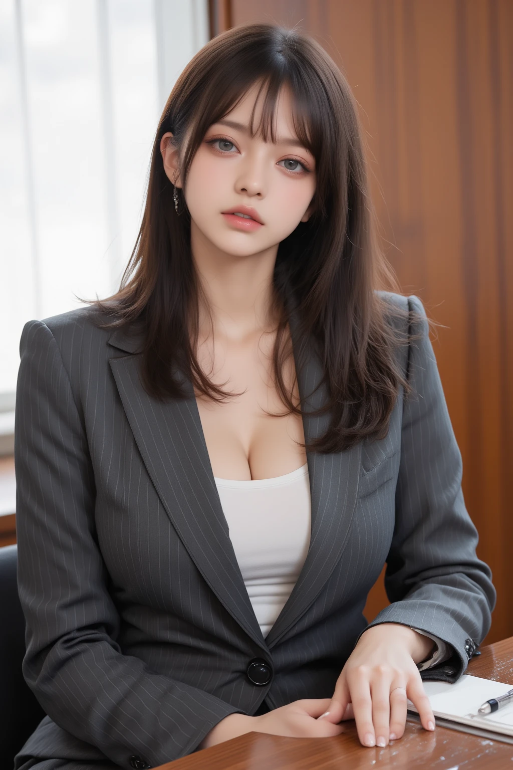 Masterpiece,  best quality ,  1 girl, Alone,  upper body, Some ,  stylish business wear ,  with a gray pinstripe suit 、 fitted jackets are visible in the bright conference room,  wearing a white tank top inside in a bright conference room ,   serious expression, subtle  reflections  on the meeting table,  focusing on the details of the face and suit , slightly turned to the side" ( accentuating details of the face and suit ,  reflections ,  Sharp focus ).