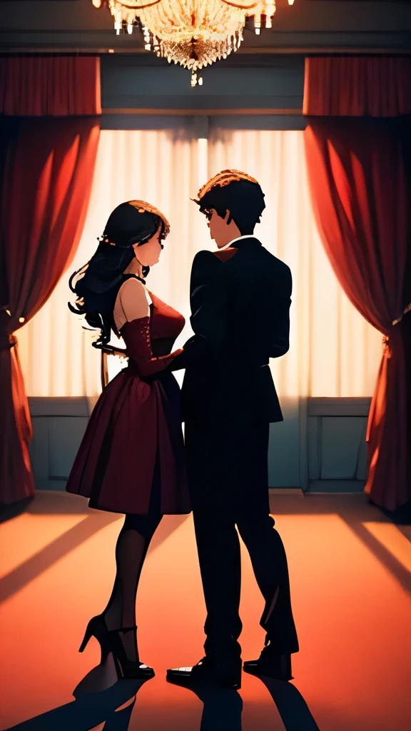 Couple saying goodbye、 in front of the red curtain、 high heels、In front of a large window、 chandelier