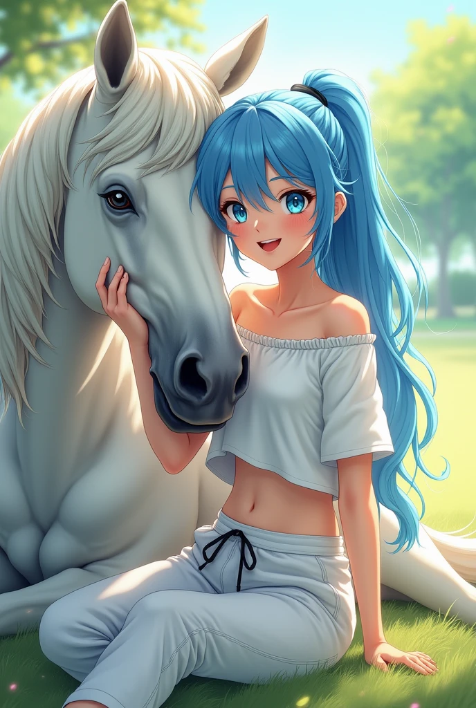 (ultra realistic, best quality, masterpiece) perfect face, blue hair, 18 years old girl, sweat, riding a horse, cowgirl, hat, guns,