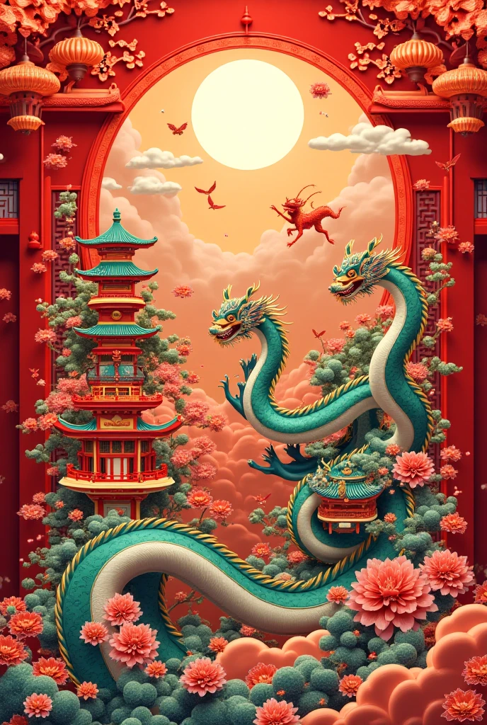 lunar newyear, Chinese calligraphy, Bustling, Paper cuttings, Intricate designs representing luck and happiness, Dragons, Home interiors, Warmly decorated with red envelopes, lanterns, and spring couplets, ready for family gatherings, Praying at temples, Paper lanterns <lora:SDXL\DetailedEyes_V3> <lora:ClearHand-V2> <lora:released\DonM3t3rn1tyXL-v1.1-000008>