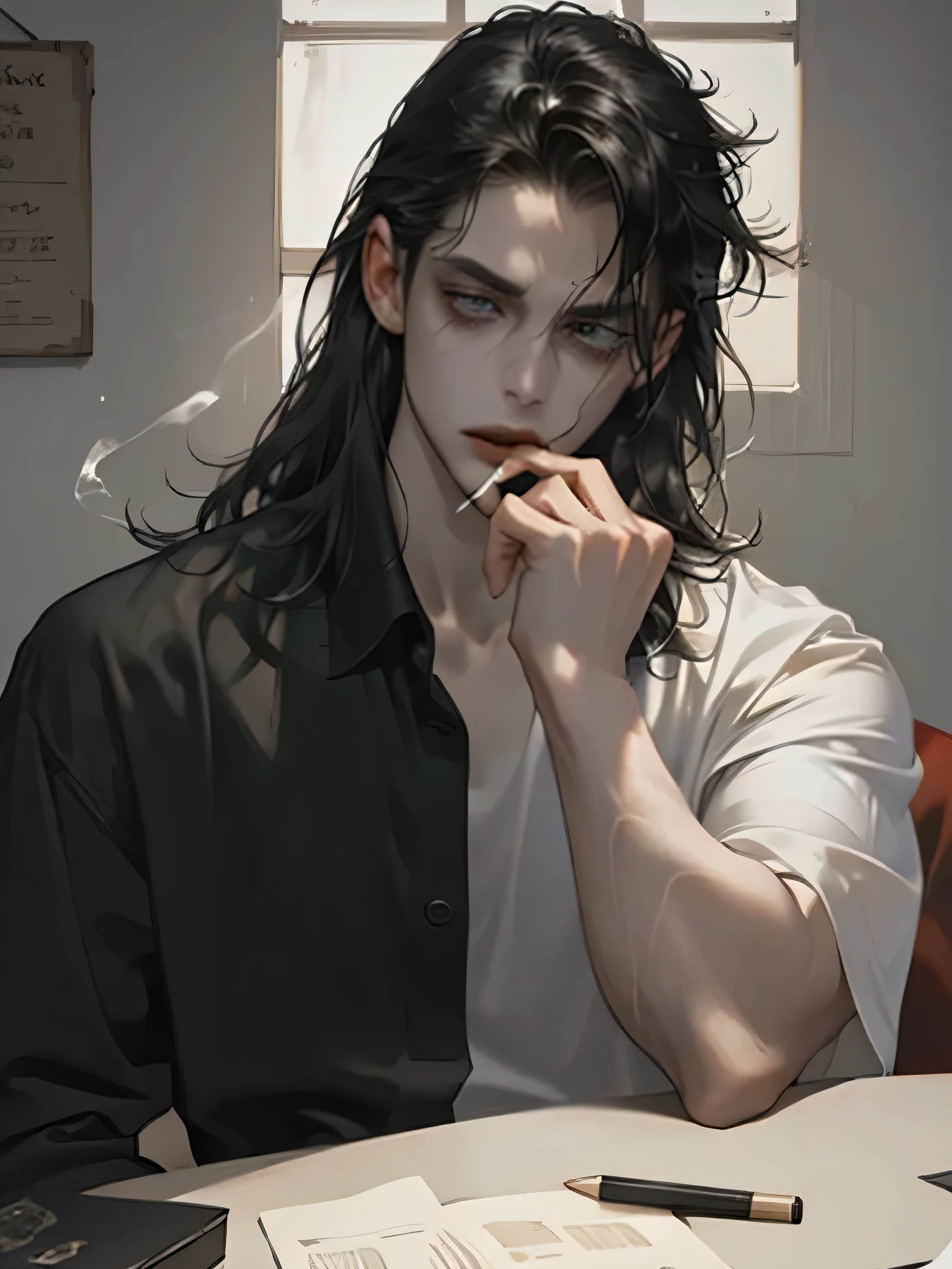 boy, , boy , Men. Young. Delinquent school style . Bad . 20 years.
First shepherd, fair skin , pale skin.
Sexy and shiny green eyes , fierce and beautiful eyes , eyes aligned, defined eyes.
black hair, black threads, hair size : average, that touches the back of the head and is placed against the shoulder and looks full, natural and messy and untidy hair , with threads chopped at the ends , the half-long fringe covering one of the eyes , bangs covering the left eye .
stripped and casual clothes , Unelegant clothes , Cores: gray black . Perspective from the top of the back .
looking at the camera. Cigarette on the lips . Calm and serious face . scenario: leaning against a wall. Local: home. image: dark, shaded. boy mais gótico. smoker, drugged. A saggy look of medium . Evil face. smoker.
five fingers, Sensual Pose, bad-faced boy , relaxed slouched look , bangs in the eye, hair touching the shoulder , long hair , man, eyes focused, pretty green eyes . Cigarette in the mouth or in the hand.