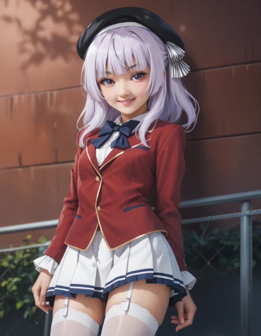 Masterpiece, hd, realistic, Asian, best quality, closed mouth, light smile, light blush, long hair, sakayanagi, 1girl, blunt bangs, white hair, purple hair, purple eyes, beret, school uniform, red jacket, collared shirt, bowtie, white skirt,white thighhighs, garter straps, outdoor,  smile,  standing, cowboy shot