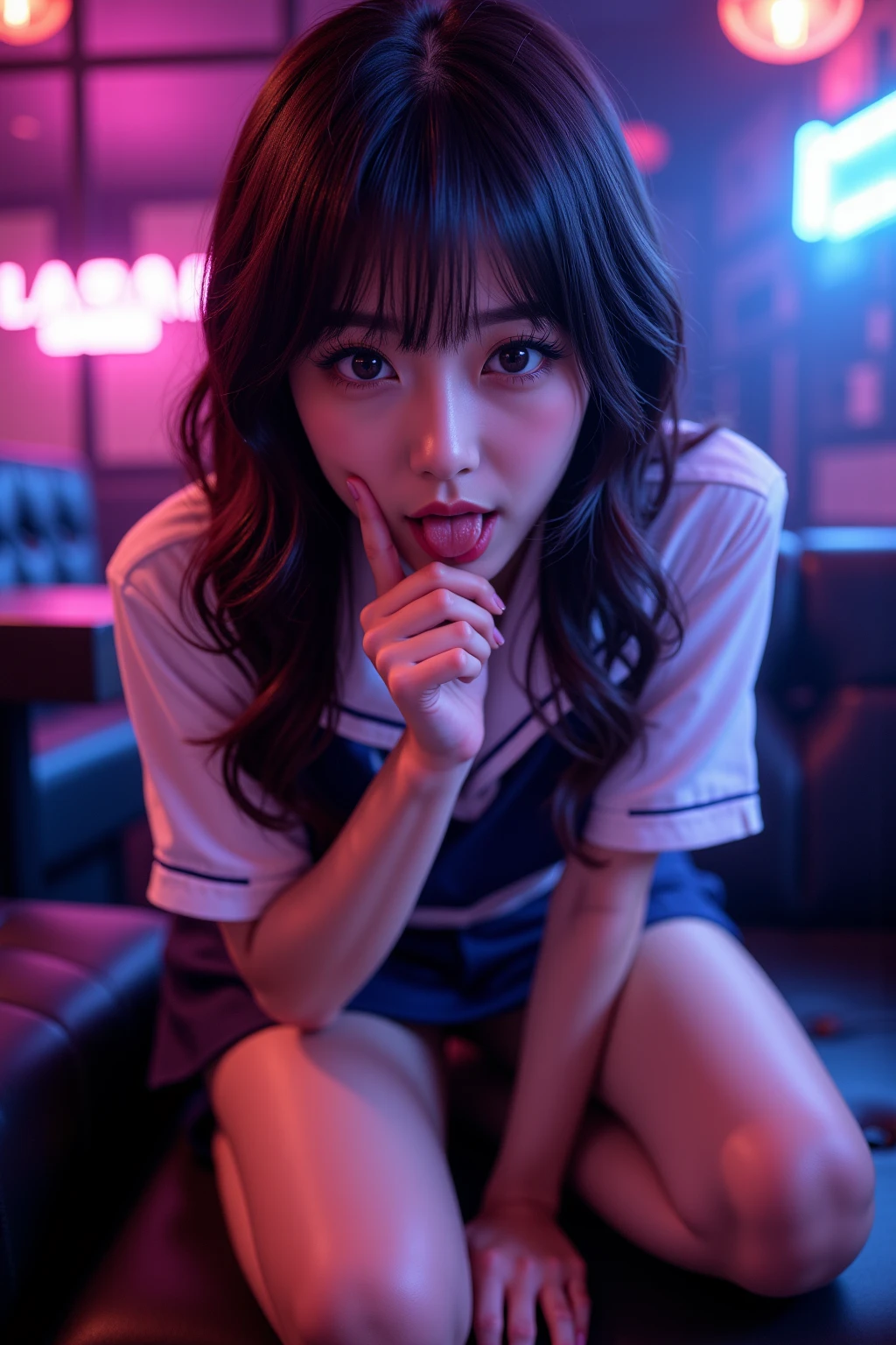 Inside Nightclub, (Raw photo: 1.2), of the highest quality, Beautiful detailed girl,  japanese,18years old,BREAK,(open mouth ,stick out tongue ,fellatio gesture:1.5),,BREAK,(Squint your eyes
,chuckle,erotick eyes,seductive eyes,long tongue,front lighting,:1.3),not too long tongue,BREAK,,(Lightly squeezed hand in front of mouth:1.5), very thin body,High resolution,allfours,8K Wallpaper,Highly detailed eyes and face, Beautiful detailed eyes, Fine detail, Highly detailed ticker uniform 8K wallpaper, Light on Face, Sexy Pose, (Photorealism: 1.4),bright place, From below, Super Detail, masterpiece,  On all fours,looking up,spot lighting,e,front lighting,,not open eyes large,Luminous and colorful lighting setup for model photography,lens flare,, cinematic lighting, ray tracing,(not bad anatomy:1.3)