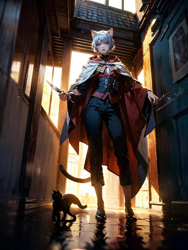 ((masterpiece:1.2)), (( best quality :1.2)), Assassin Girl, (((Cat ears:1.4), (Assassin Outfit),  white hooded cloak, The inside of the cloak is red,  black pants,  silver hair,  curly medium hair )), (( holding a knife in her hand :1.5)), ((whole body:1.6)), (Shooting from below:1.3),  MEDIEVAL EUROPEAN STREET,  standing on the roof of a building , (The kitten is on the roof :1.5), ( watercolor), (Soft layer, Wide range of colors), (deep,  gentle color next to the chair),  is full of hope ,  her reflection blends into nature around her, ( natural light:1.3)