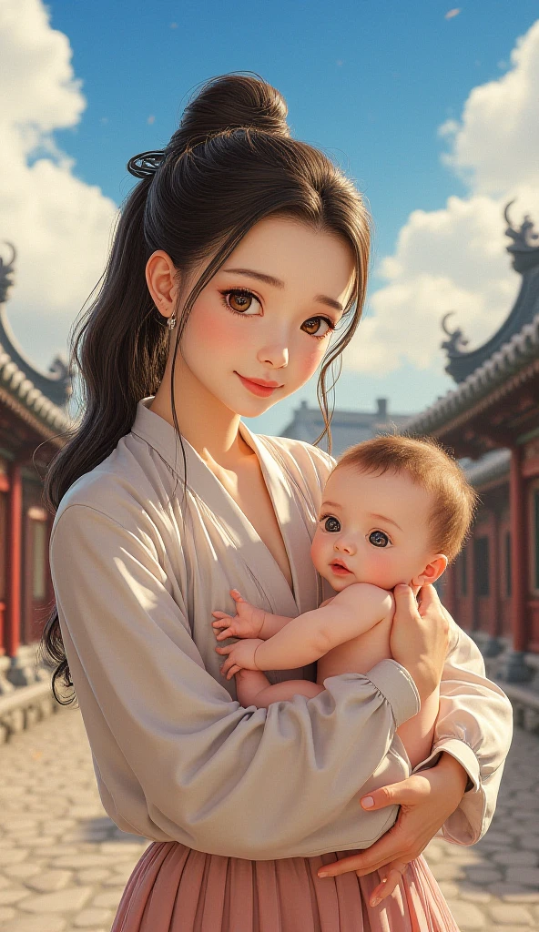 {{masterpiece,  Best Quality ,  extremely detailed CG ,  8K uniform wallpaper ,  Movie Grade Lighting }}, Traditional Ink Painting ,  1girl , 1  ,  Young Woman Holding Babyole body, ancient architecture, blue sky,  Sunny Day , wooden building,  Important Protagonist , Smile,  big eyes,   Beautiful detailed eyes , ( full chest , Cutting), round buttocks, Look at the audience, long eyelashes,