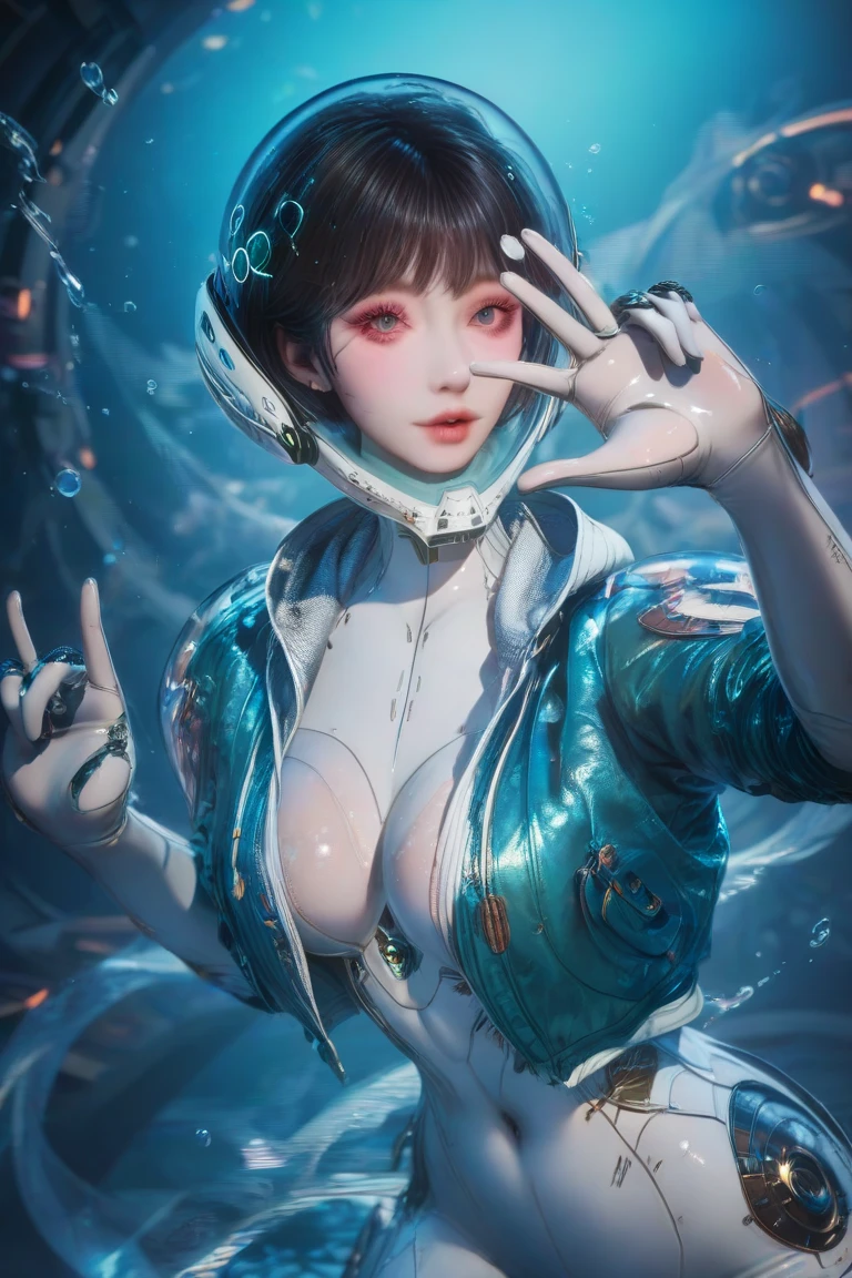 korean, Front viewer, a hyper-realistic and ultra-detailed photo of a beautiful girl, ultra-realistic, 1 girl,  looking at the viewer , white bodysuit, blue jacket, blue shirt cropped jacket, (futuristic glass and metal space helmet:1.3), Upper body, Perfect Eyes, perfect big breasts, full body:1, boots, at a rock pool:1.3, wet, splashes of water:1, boots:1, leaning forward face up close, short hair, sexy, in the water:1, medium breasts