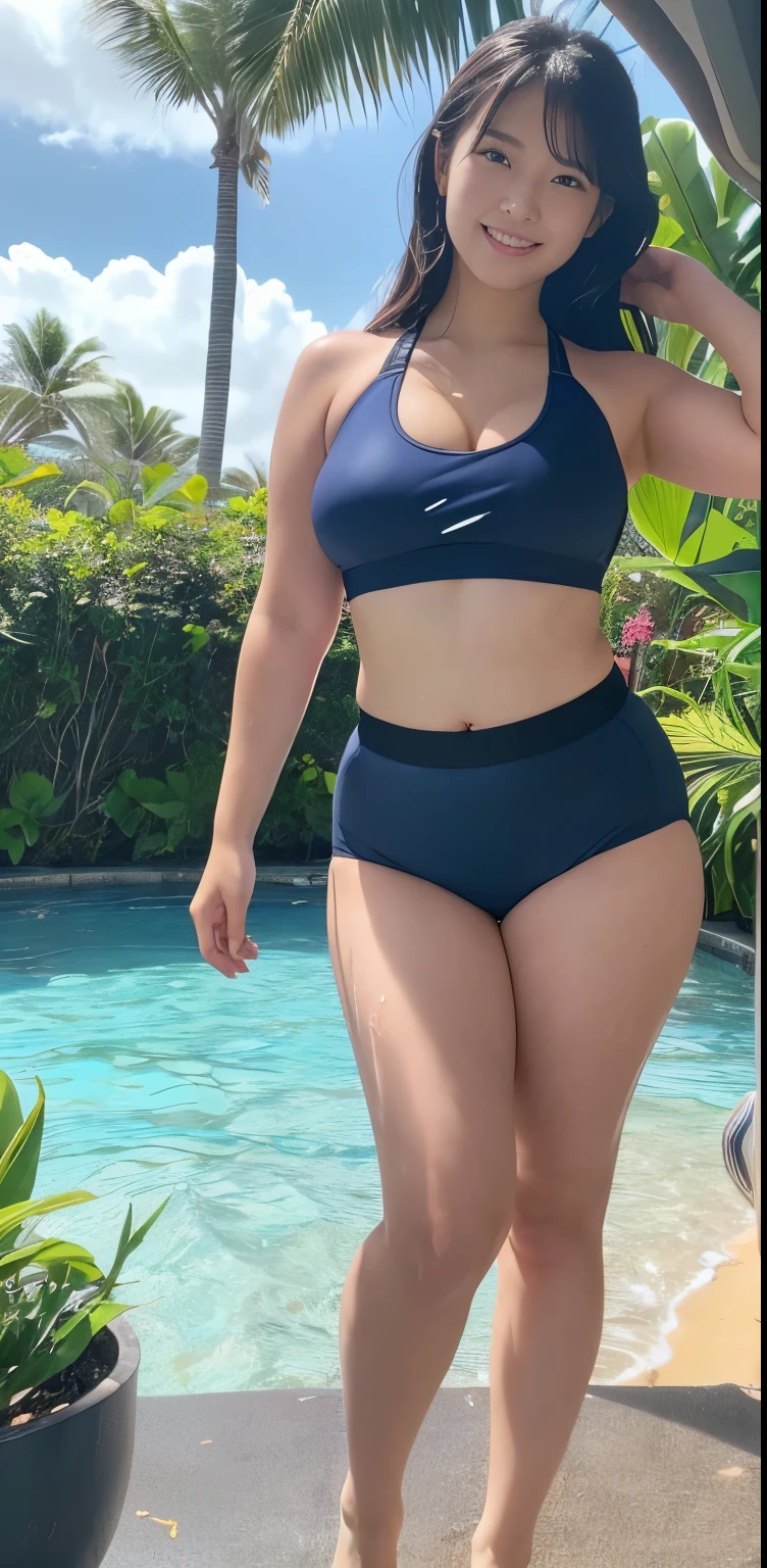 in 8K、超A high resolution、Best Quality、masutepiece(huge-breasted:1.3)Hide all breasts and belly、(White and Blue Glossy High Leg T-Back Swim Racing Suit、highleg:1.5)、(Stand with your legs wide open、、Do not close the legs、stand up:1.3)(Put your hands behind your head、Show the armpits:1.5)(swimming pools:1.4) (Brown Hair Short Bob:1.3)(Smile happily:1.2)、(Tempered body、Toned body、Split abs:1.38)Eye lashes、long lashes、Distinct double eyelids、a small face、(Highlights in the eyes、lipgloss)、Fine-grained skin、kawaii faces