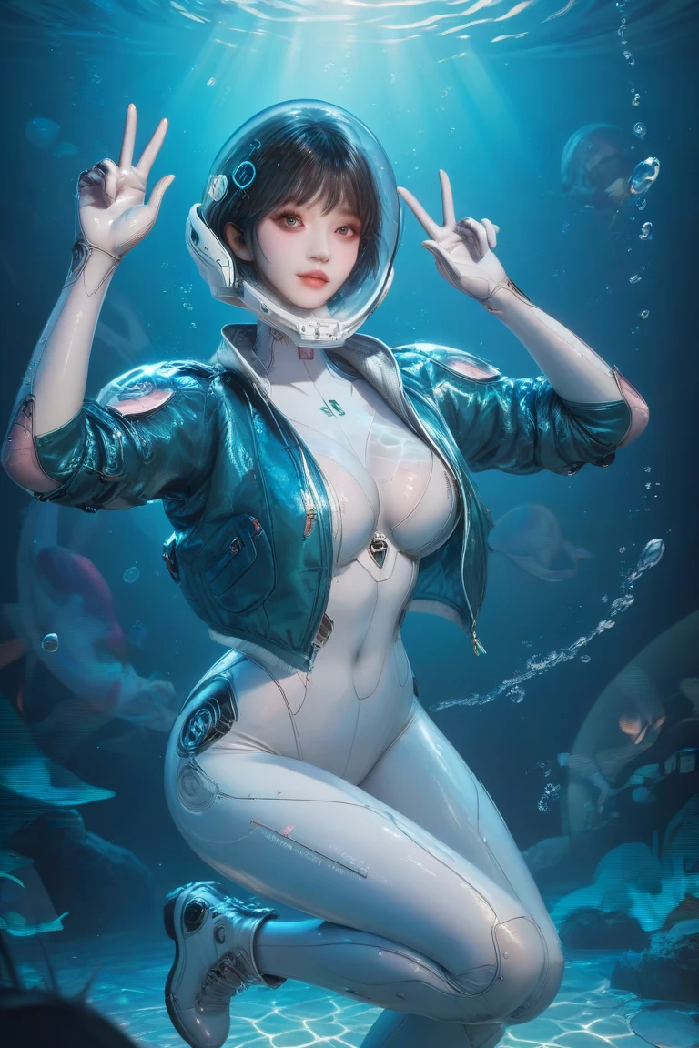 korean, Front viewer, a hyper-realistic and ultra-detailed photo of a beautiful girl, ultra-realistic, 1 girl,  looking at the viewer , white bodysuit, blue jacket, blue shirt cropped jacket, (futuristic glass and metal space helmet:1.3), Perfect Eyes, perfect big breasts, full body:1.5, boots, at a rock pool:1.3, wet, splashes of water:1, boots:1, leaning forward face up close, short hair, sexy, underwater, medium breasts, swimming