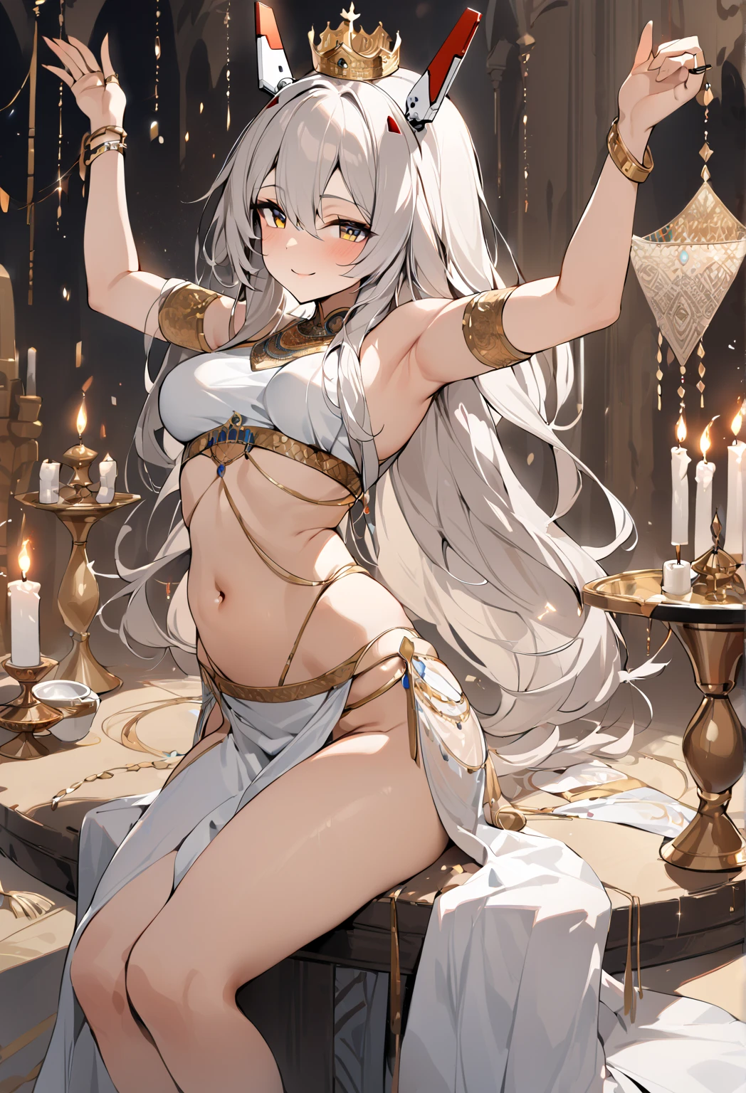 NSFW,masterpiece,Highest quality,High resolution,Very detailed,Girl,Silver Hair,long hair,Golden Eyes,Small breasts,Short height,goddess,A dazzling silk long dress,Arabia,gem,Decoration,Temple of the Night,altar,Your sleeping quarters,Starry Sky,Ancient,Seduce,Sexy pose