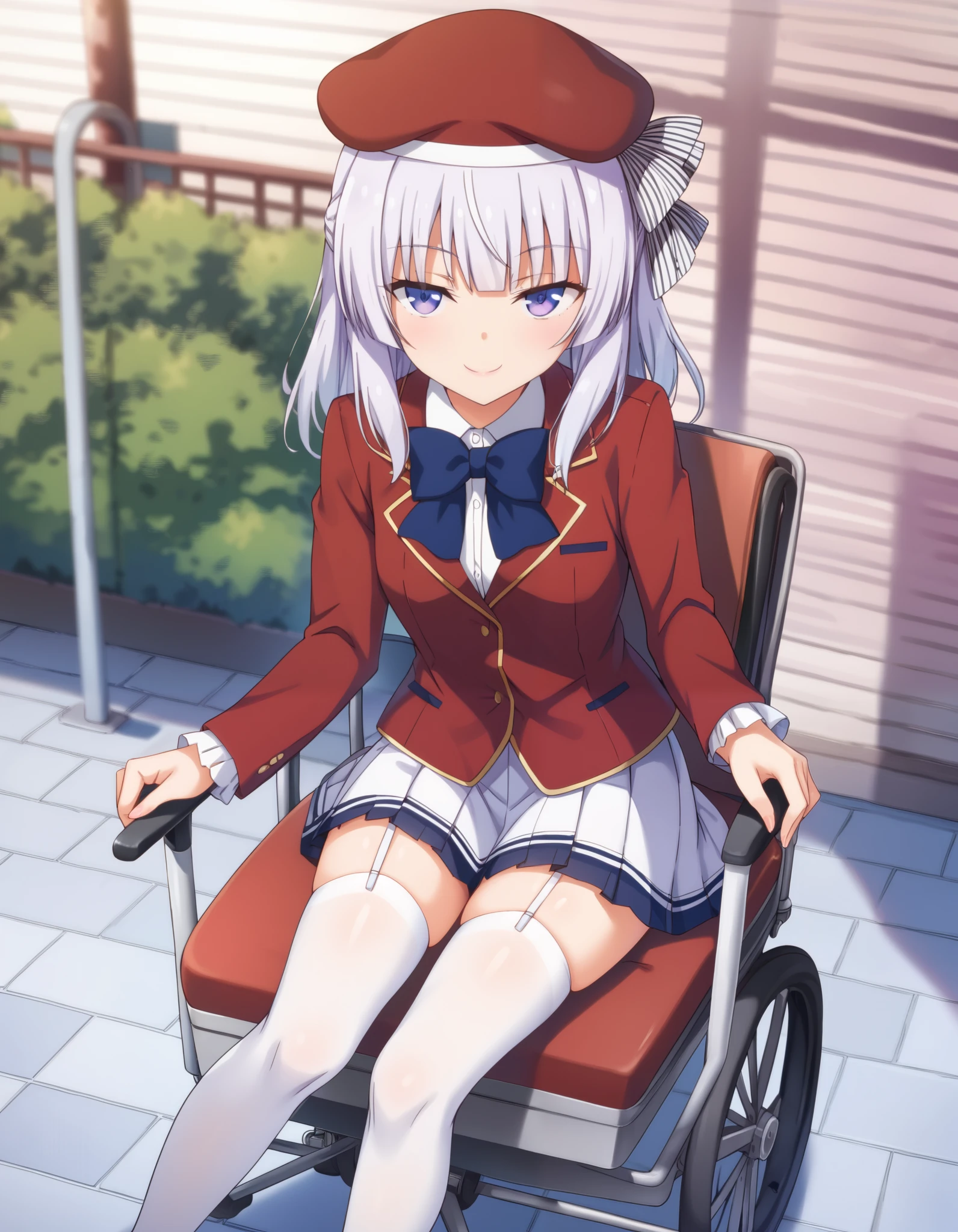 Masterpiece, hd, best quality, closed mouth, light smile, light blush, long hair, sakayanagi, 1girl, blunt bangs, white hair, purple hair, purple eyes, beret, school uniform, red jacket, collared shirt, bowtie, white skirt,white thighhighs, garter straps, outdoor,  smile,  Sitting, Sitting on wheelchair, wheelchair