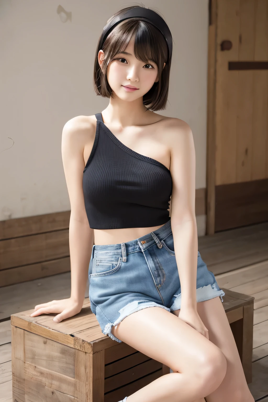 (8k,RAW photo、RAW photo、highest quality、master masterpiece:1.2)、1girl、1middle aged male、Super detailed、super resolution、(Photoreal:1.3)、((shot from below)),((cowboy shot:1.4))、Clearly depicts the shadows of light、High resolution RAW color photos、professional photos、(((Inside the store:1.4)))、I draw it faithfully to the anatomy....、very detailed and beautiful、super high quality、((girl with short cut hair:1.4))、((貴金属Inside the storeのショーケースの前に立っているgirl:1.4))、((White collar short sleeve off shoulder shirt(no strap):1.4))、((white short sleeve off shoulder cotton shirt:1.4))、((Denim skirt that highlights your thighs:1.4))、Upper body、((ポシェットを肩に掛けているgirl:1.4))、((smile:1.4))、