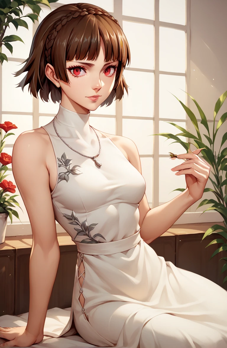 ,((masterpiece)),((Beautiful and detailed drawing)),Persona 5, 1girl, solo,Makoto Niijima,Short brown hair,Red eye, most of body, pose, jewelry, sleeveless dress, slit