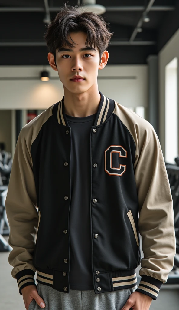 A young man, likely East Asian, is in a gym, taking a selfie. He is positioned in the center of the image, facing the camera, and looking directly at the viewer. He has short, dark hair and is wearing a black and cream-colored baseball jacket with a large "C" on the left breast. He's wearing gray sweatpants. His facial expression is neutral. His build is athletic, rather toned. The gym setting is modern and minimalist, with dark gray and black gym equipment. Various exercise machines and weights are visible in the background. The lighting is neutral, with soft, ambient light from overhead. The perspective is slightly above the subject, capturing him from a mid-torso up. The style is casual and contemporary. The composition is straightforward, focusing on the subject. The overall atmosphere is relaxed and everyday.
