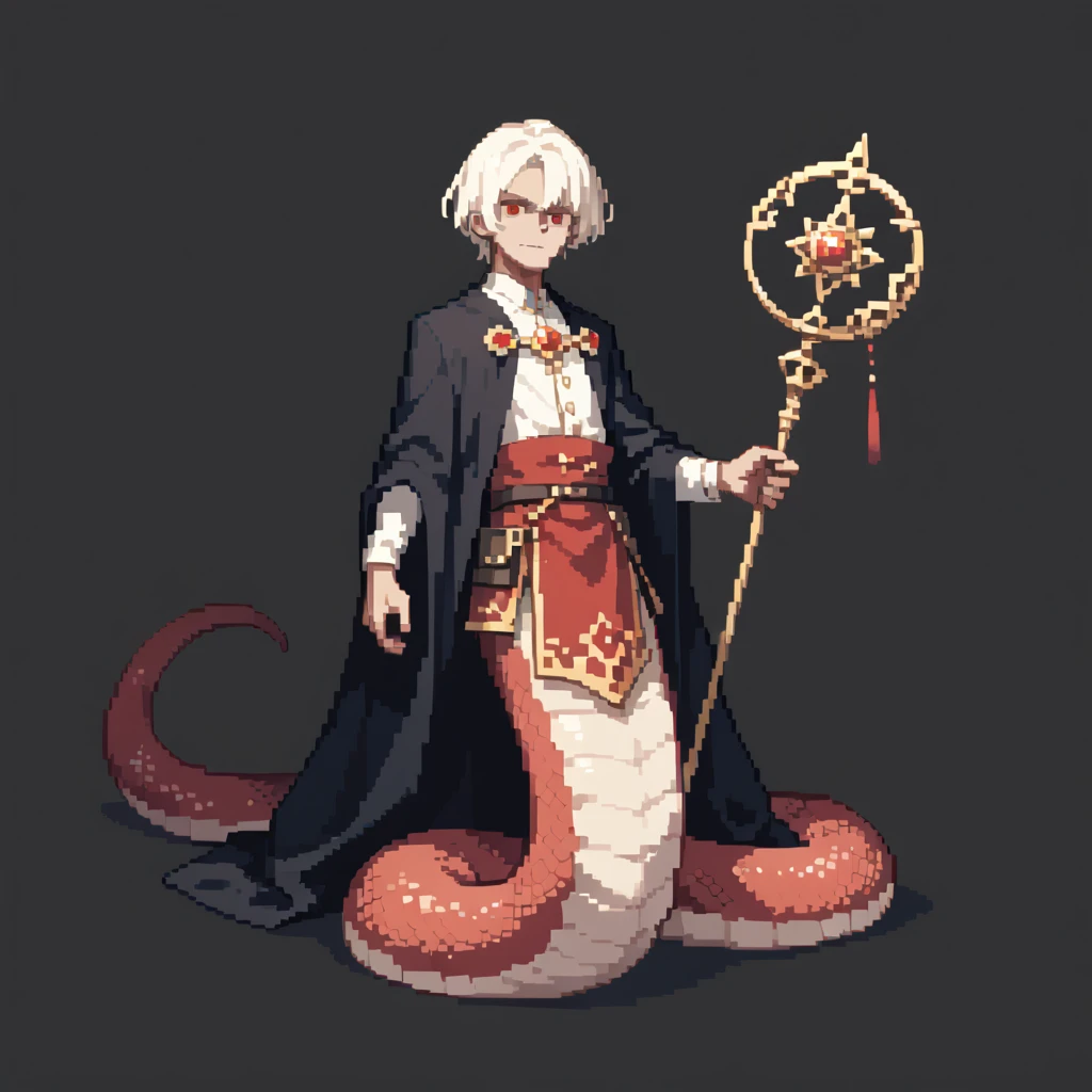 pixelart portrait of a manly lamia psychomancer, snake-person, lower body of an albino snake, slit pupils, red eyes, slim build, dark robes, holding dark magic staff, channeling psychic magic, blank background, 1boy, solo, short hair, scaly face, full-body shot,