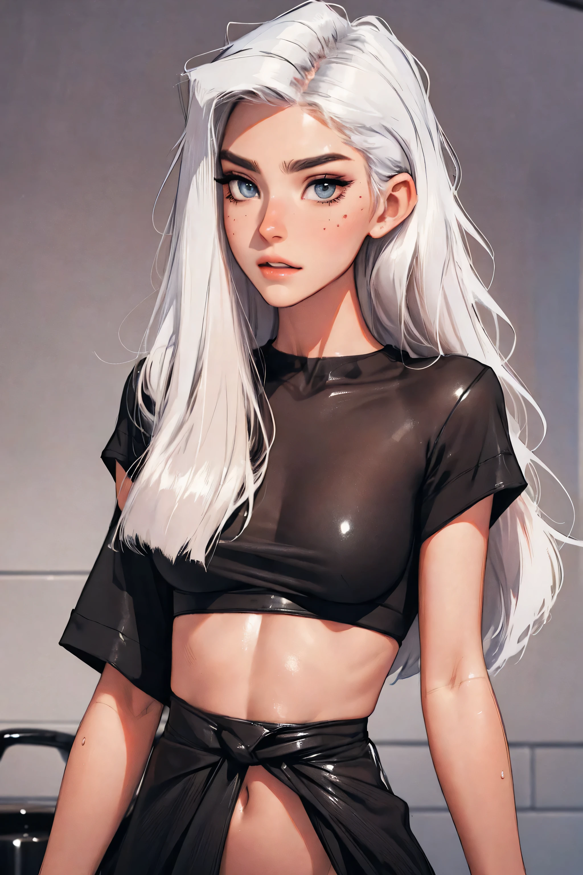 An effeminate girl, with a delicate and beautiful face. has a thin body, but well designed, your skin is white and very pale. her hair is silver, likes to wear makeup, ((Wear a black choker)), outfit emocore, cute panties, lace high socks, band t-shirt, showing your round ass.