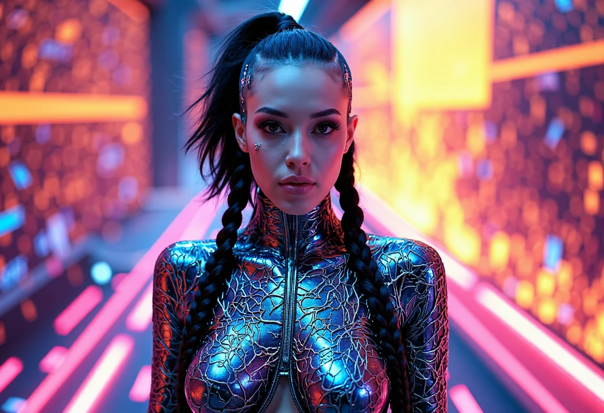 (ohwx woman) cyborg, surrounded by cables , (Rosario Dawson),  hair braided in pigtails, tattoos on her face, neck and breasts, feathers in her hair, war colors, strong, proud, cyborg, beautiful full shot imagery, vibrantly lush neon lighting, beautiful volumetric-lighting-style atmosphere, a futuristic atmosphere, intricate, ultra detailed, photorealistic imagery, trending on artstation, 4k, 8k, low angle, full body shot