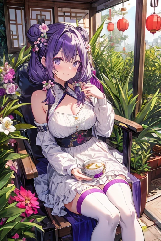 best quality, masterpiece, anime girl , young girl, 24 years old, thick legs , 1 girl, bangs,long hair, cute face, perfect shot, perfect anatomy, ganyu, medieval, garden background, mountais, forest, full body, 4k, high resolution , detailed face, detailed eyes, purple eyes, sitting, picnic, panorama pov, side view, watching the scenery, view from behind