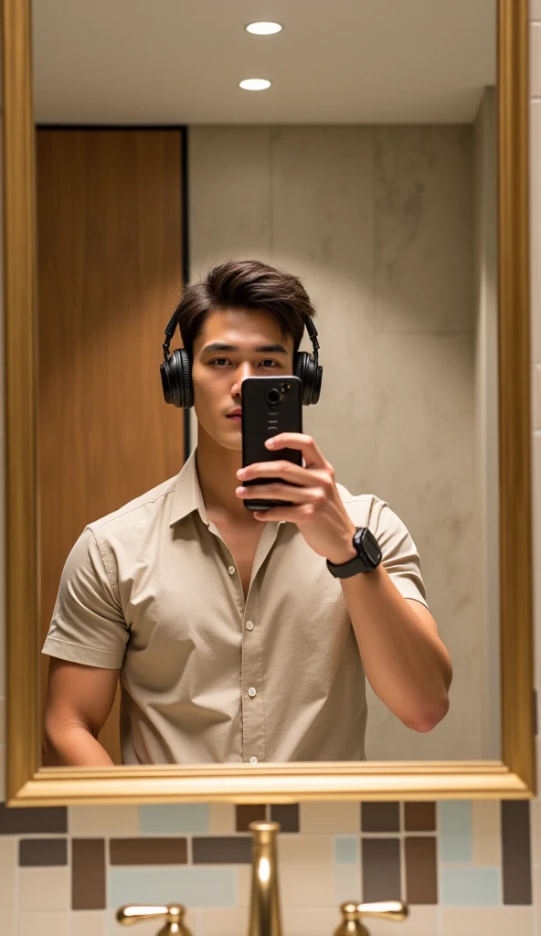 A young man, light-skinned, with short dark hair, is seen in a bathroom mirror selfie. He is wearing a light beige, short-sleeved button-up shirt, revealing his toned torso. He has a watch on his wrist and black headphones are on his head. He is looking directly at the camera and holding a phone. His facial expression is neutral.  His body is athletic and fit. The bathroom features a gold-framed mirror with a patterned tile backsplash. The flowers and patterns of the tiles are predominantly light beige and light blue with dark brown-black accents.  The wooden wall behind the mirror is a light brown. The lighting in the image is bright. The composition is a standard reflection in a mirror, with the subject in the center of the view. The perspective is from the subject's viewpoint. The overall style is casual and the atmosphere is neutral.