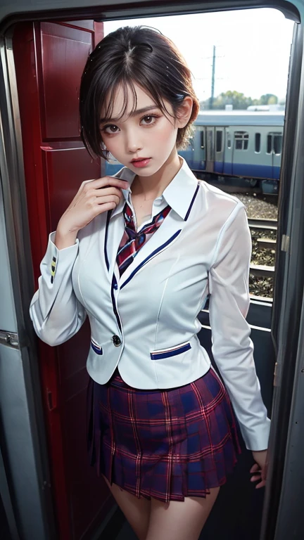Pure idol girl、whole body、Good style、、、、、、、、、、Tanned thick legs、Inside the train at night、Red Striped Mini Dress、Wearing a tie、、Cross Belt、short hair、Fancy jacket