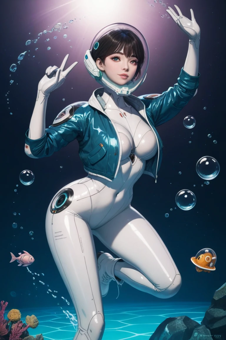 korean, Front viewer, a hyper-realistic and ultra-detailed photo of a beautiful girl, ultra-realistic, 1 girl,  looking at the viewer , white bodysuit, blue jacket, blue shirt cropped jacket, (futuristic glass and metal space helmet:1.3), Perfect Eyes, perfect big breasts, full body:1.5, boots, at a rock pool:1.3, wet, splashes of water:1, boots:1, leaning forward face up close, short hair, sexy, underwater, medium breasts, swimming