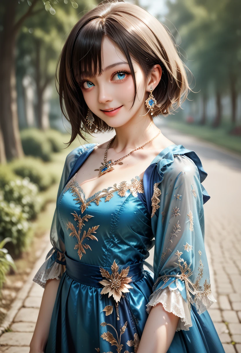 (realistic:1.3), insane detailed, quality, (masterpiece:1.2), (photorealistic:1.2), (best quality), (detailed skin:1.3), (intricate details), ray tracing, ((half body)), (((1girl))), (((1 person))), 20 years old, short hair, smile, blue dress, skirt with pattern, color contrast between the dress and the skirt, skirt pattern, earrings, necklace, Javanese ornament, (blurred background)