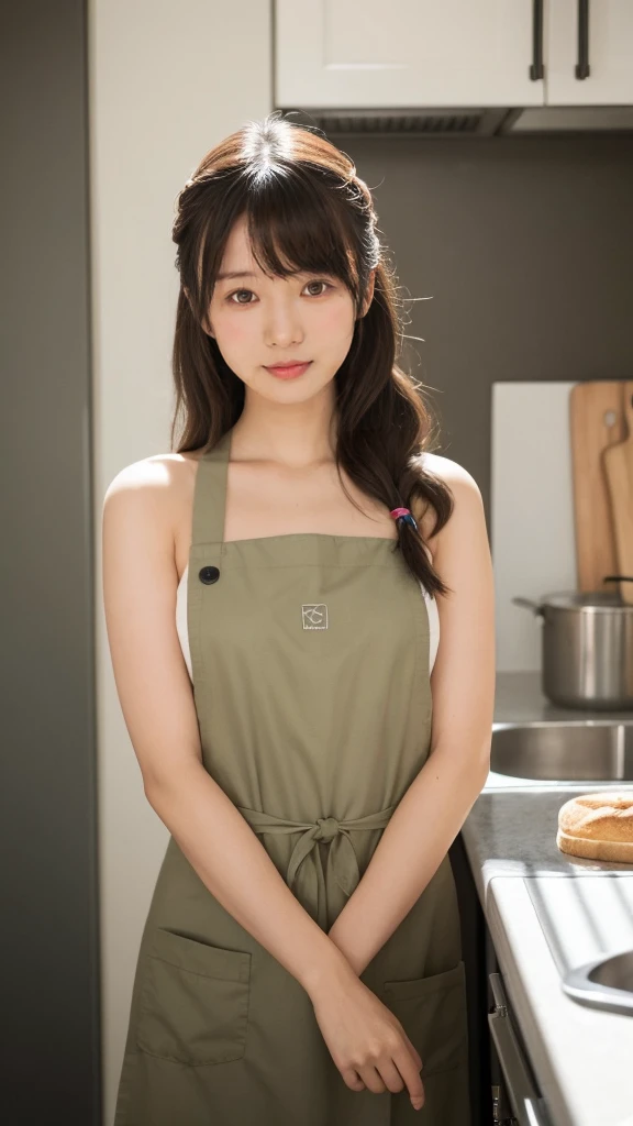 (Realistic、Photorealistic、Ultra-detailed、Highest Detail Skin、highest quality、masterpiece、超A high resolution)、Very cute Japanese woman、18-year-old、Gradient lighting、One Girl、Purelos Face、(((((Naked Apron、Wear only an apron、Green apron only、No clothes)))))、(((Coffee shop clerk、Serve customers at the counter)))、On the bed、Laughter、Realistic skin types、Perfect Style、Gravure idol pose、shortcut、double eyelid,((The camera is from the side of the body)),