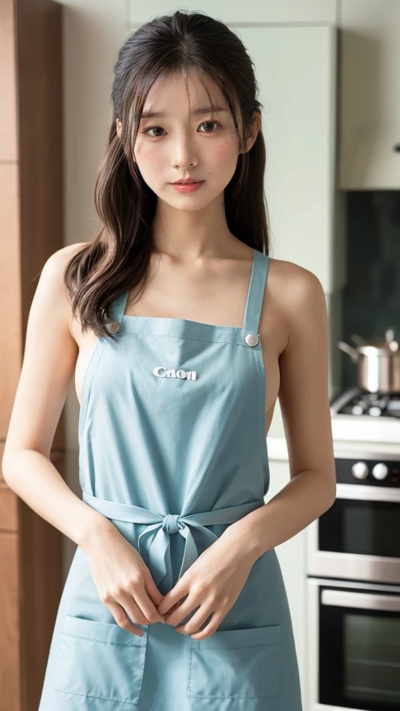 Gorgeus Girl, Beautiful, Baby Face, 20 Years Old, White Skin, Sexy Pose, naked apron, Blue Eye, Bokeh, kitchen Background, Masterpiece, Fullbody Shot,