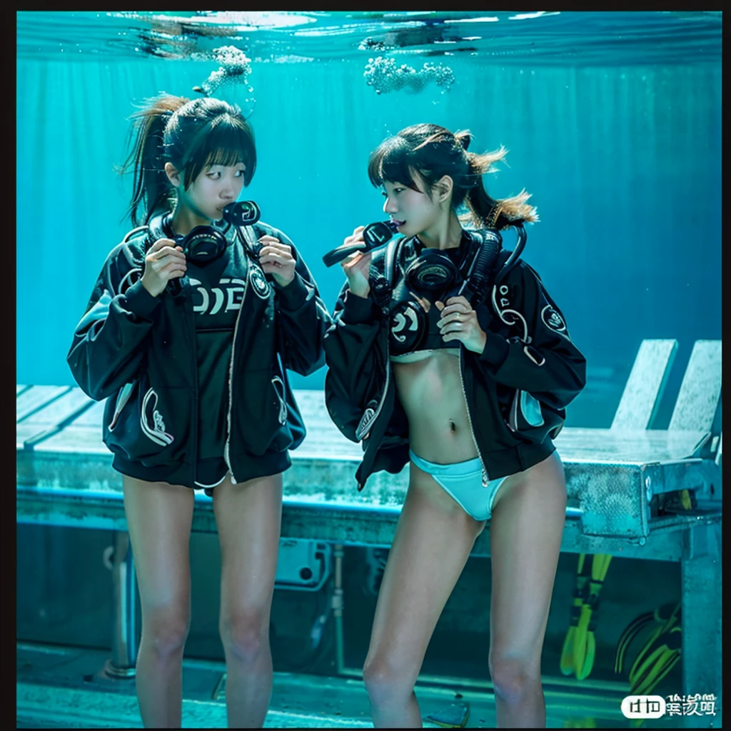 2 girls in playing in a river,smile,cute,black hair and blond hair,Wet clothes,wetting hair,water gun