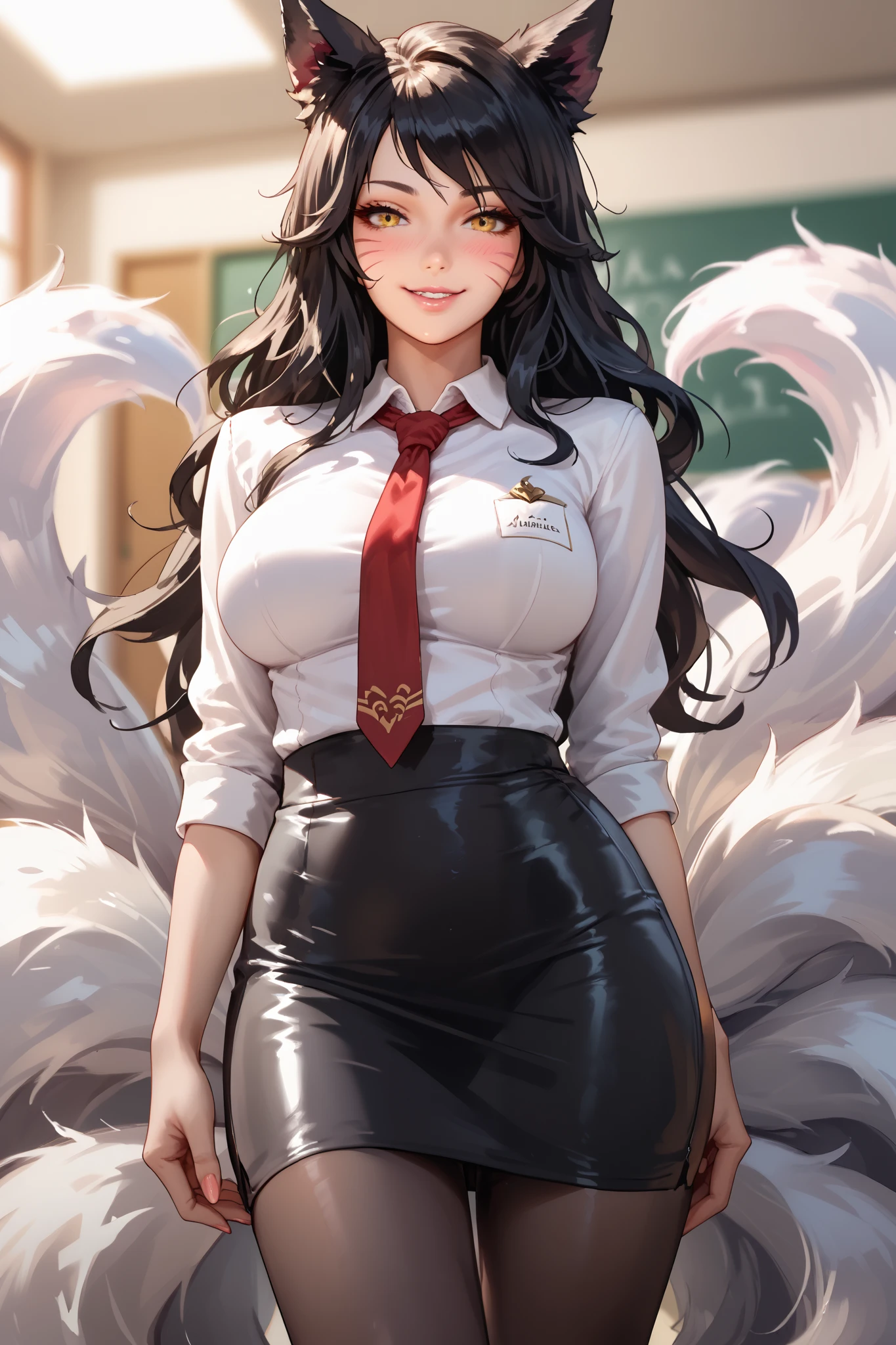 masterpiece, best quality, ultra-detailed, illustration, colorful, flat color, depth of field, 1girl, ahri, anime, standing, black hair, messy hair, yellow eyes, fox ears, looking at viewer, simple background, facial mark, hands behind back, white shirt, red necktie, black pencil skirt, black pantyhose, teacher, detailed skin texture, detailed cloth texture, beautiful detailed face, large breasts, blush, seductive smile