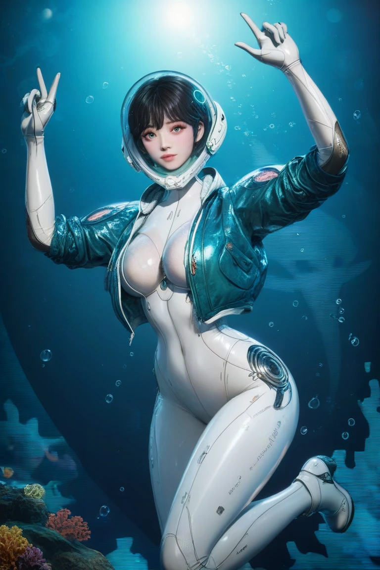 korean, Front viewer, a hyper-realistic and ultra-detailed photo of a beautiful girl, ultra-realistic, 1 girl,  looking at the viewer , white bodysuit, blue jacket, blue shirt cropped jacket, (futuristic glass and metal space helmet:1.3), Perfect Eyes, perfect big breasts, full body:1.5, boots, at a rock pool:1.3, wet, splashes of water:1, boots:1, leaning forward face up close, short hair, sexy, underwater spaceship, medium breasts, swimming, arms down