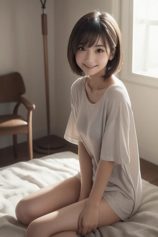  best quality ,  focus on face , Soft light, ( depth of field) ,  ultra high definition , ( Photorealistic:1.4),  RAW photos , ( Moody Lighting,   knight :1.2), bedroom,
(Upper thigh:1.4)
 one Japanese girl, Alone,  cute, Cute, (shy, smile:1.1), ( brown eyes), Natural Face, ( short hair),
(Sitting in a grey linen chair)
break
( white naked oversized t-shirt:1.2)
