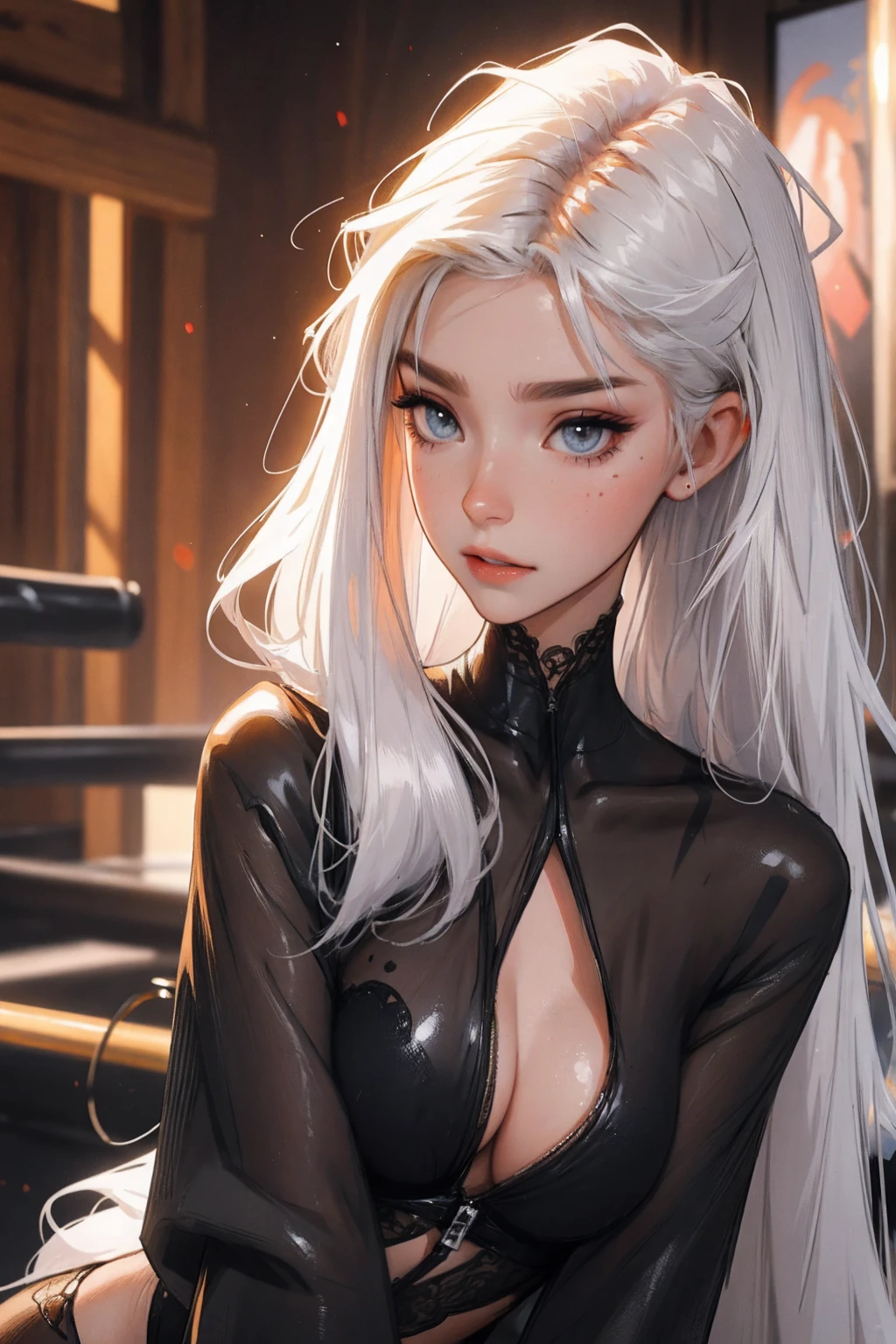 (lifelike, high - resolution:1.3), 1 girl with a perfect body,slender body, Super fine face and eyes,assasin, dark makeup, shiny skin,white hair, (girl caught in a sex machine),Expose cleavage, (sex machine, restrained, bound, bdsm, object insertion, smachine) (wet skin, shiny skin), pleasured face, cumming, drooling