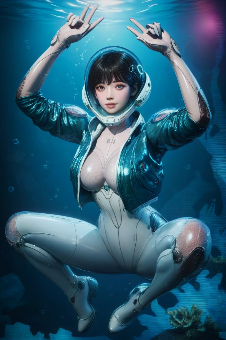 korean, Front viewer, a hyper-realistic and ultra-detailed photo of a beautiful girl, ultra-realistic, 1 girl,  looking at the viewer , white bodysuit, blue jacket, blue shirt cropped jacket, (futuristic glass and metal space helmet:1.3), Perfect Eyes, perfect big breasts, full body:1.5, boots, at a rock pool:1.3, wet, splashes of water:1, boots:1, leaning forward face up close, short hair, sexy, underwater, medium breasts, swimming