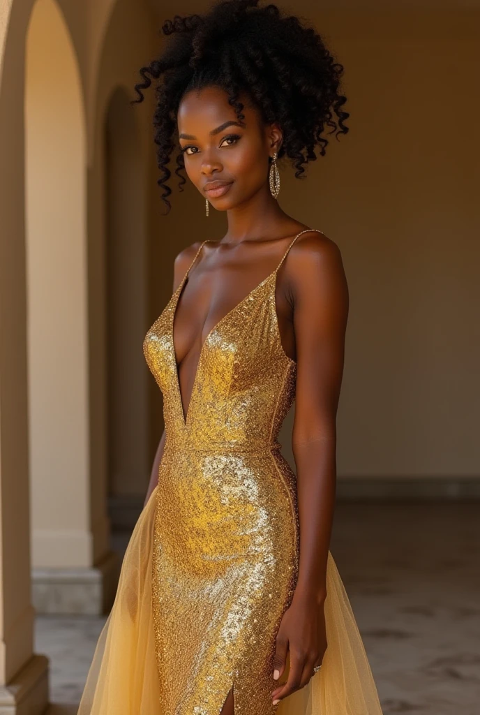 beautiful African woman, short ((golden)) dress that seems to flow like honey, dark skin