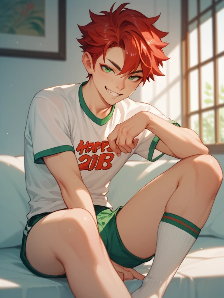  Asian boy , Cute 18 year old ,  Skinny body, mini shorts,  red hair,  green eyes ,  naughty face tight shirt, white sock 