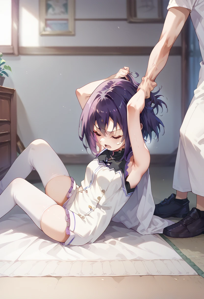 naked woman、fullnude、 (nose blush, Naughty, half opened eye, Drooling), [Full body shot]、BDSM、Plenty of love juice、pale pubic hair、Wearing a black dog collar with a chain attached,Full body shot,body piercings,Large open legs、Lying in bed、Hands tied above the head、Head-to-toe shots、Hand flail、fetters、Squirting、spout、There are a lot of them all over the body,The udder is squeezed out with a rope、slightly turned to the side、The lower back is cramping up and down、Chest is bobbing up and down、Crying in pain、Both legs are raised above the head in a V-shape、Swing your hips up and down violently、Ahegao、Lower your hips deeply、all the way to the base、The waist is on the floor、hanekawa tsubasa、her black hair is tied into two braids.、eye glass、Colossal tits、Colossal tits、