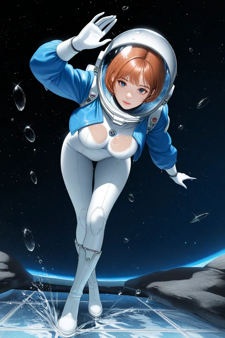 korean, Front viewer, a hyper-realistic and ultra-detailed photo of a beautiful girl, ultra-realistic, 1 girl,  looking at the viewer , white bodysuit, blue jacket, blue shirt cropped jacket, (futuristic glass and metal space helmet:1.3), Perfect Eyes, perfect big breasts, full body:1.5, boots, at a rock pool:1.3, wet, splashes of water:1, boots:1, leaning forward face up close, short hair, sexy, spaceship, puddles, medium breasts