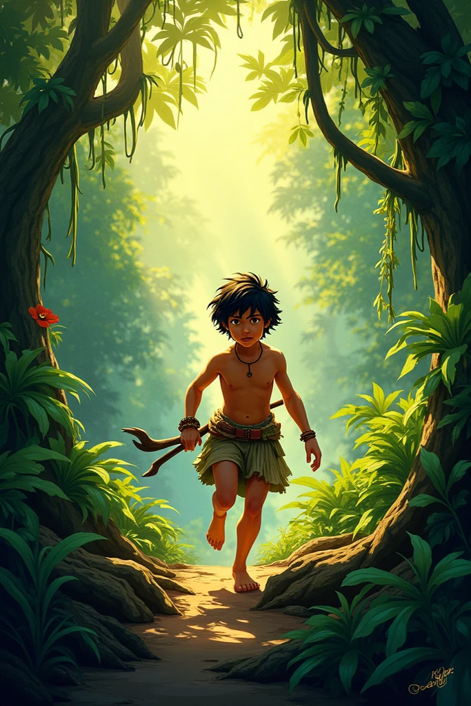 Create a wild boy image in jungle survived 