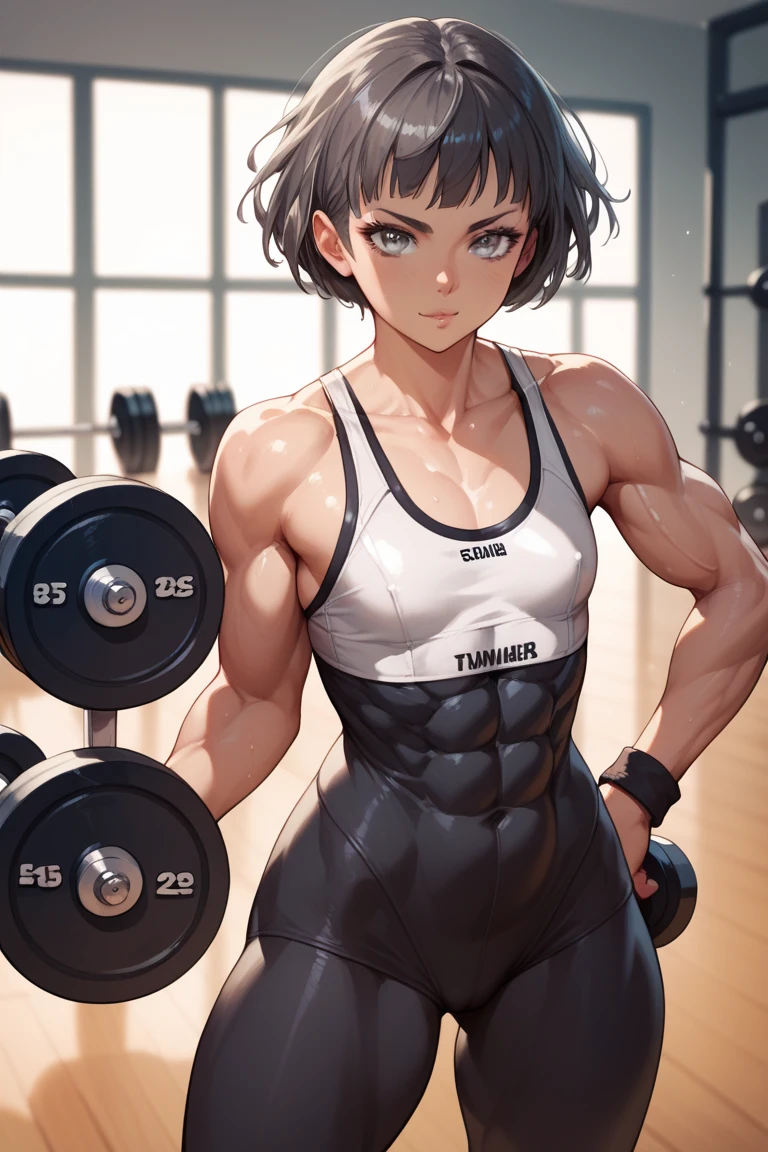 Muscular brunette girl with short red hair sweaty in gym clothes