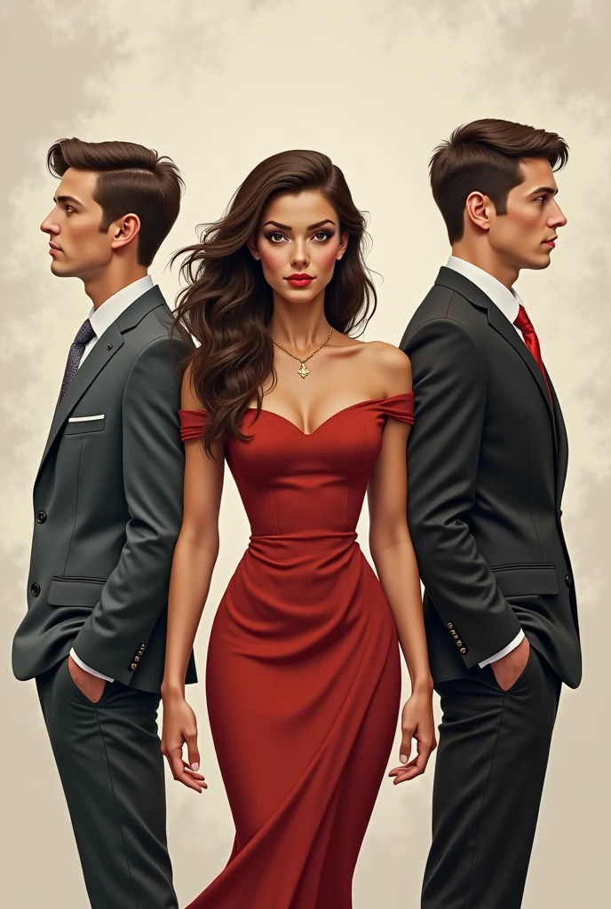A woman in a red dress with brown hair and brown eyes next to a woman in a black dress with black hair and green eyes in the middle of a man in a black suit with black hair and green eyes and a man in a suit with brown hair and brown eyes