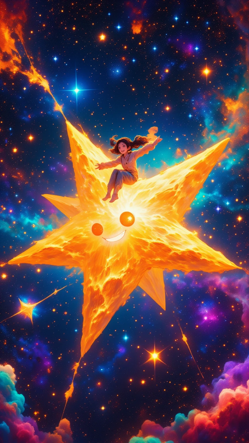 (masterpiece, high quality, high definition, 4k, 8k, detail), a cute girl riding a big star, fun smiling face, pop art poster, stars maching through space, motion blur lines, stars stars stars glowing in space, dynamic composition, impossible world, cinematic poster,