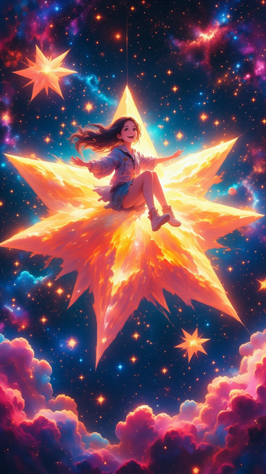 (masterpiece, high quality, high definition, 4k, 8k, detail), a cute girl riding a big star, fun smiling face, pop art poster, stars maching through space, motion blur lines, stars stars stars glowing in space, dynamic composition, impossible world, cinematic poster,