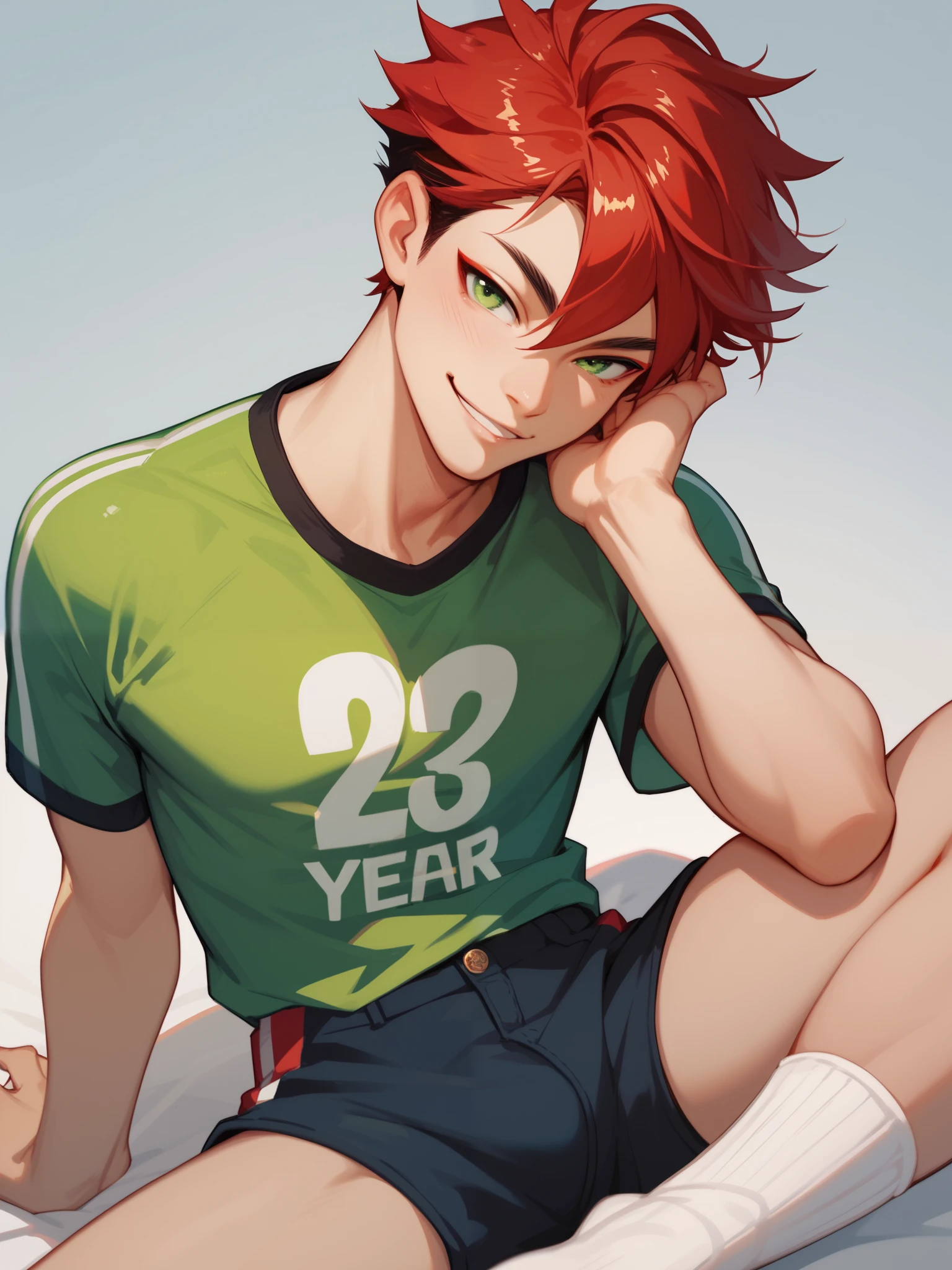  Asian boy , Cute 18 year old ,  Skinny body, mini shorts,  red hair,  green eyes ,  naughty face tight shirt, white sock 