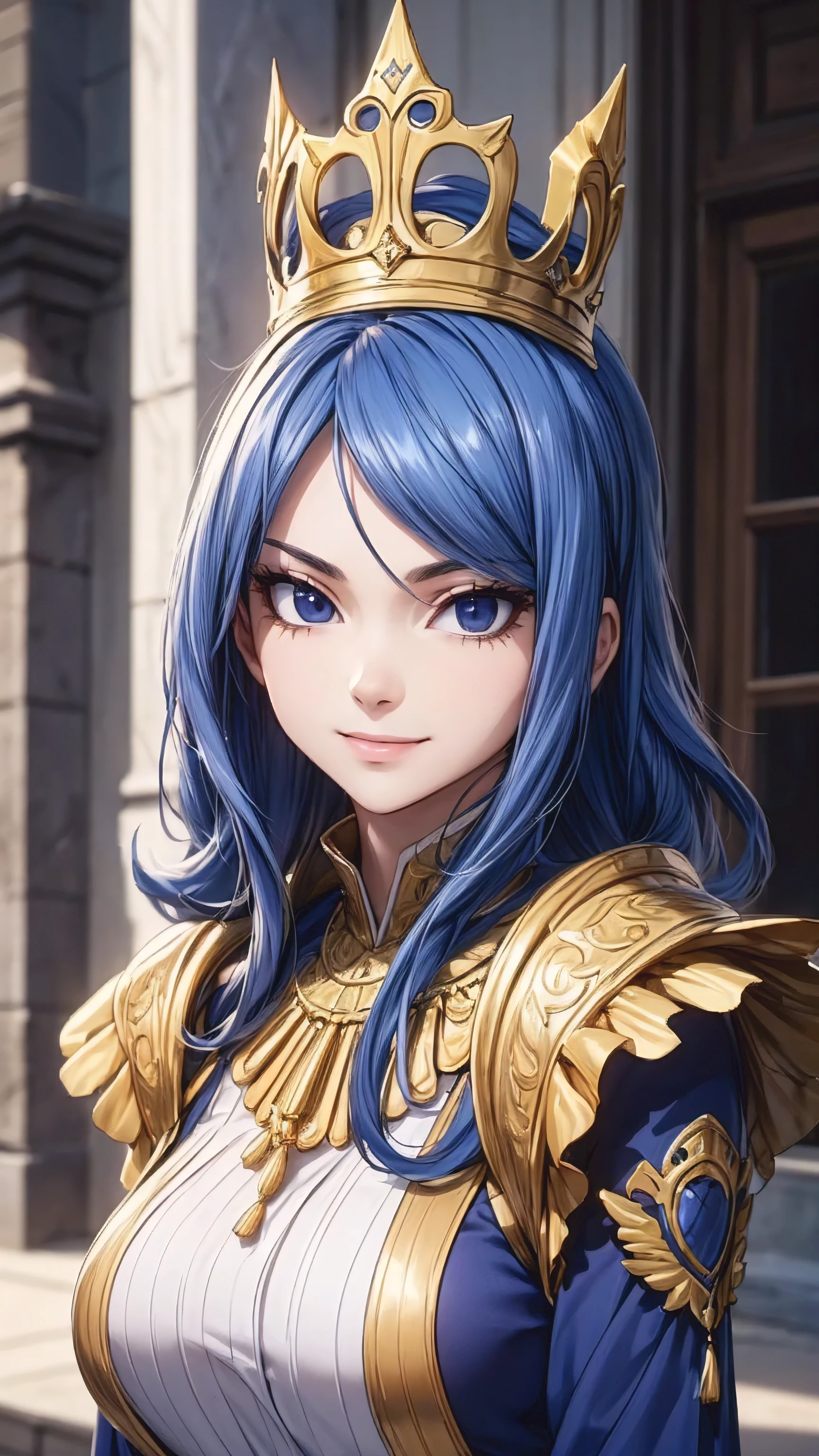 Juvia lockser, (((blue hair, long hair, golden blue eyes))), (((beautiful golden blue eyes and details, beautiful eyelids))), ((((beautiful and polite queen clothes, beautiful and polite queen dresses,)))), has model style, oppai, full cosplay, Ultra HD Quality, ((sharp face)), official art, beautiful, ((mature, 30 years old)), evil smile, ((big round breast)), (Ultra HD Quality Wallpaper, HD picture, 16k Quality Wallpaper)), 1 female, solo, female, ((1 woman, 1 female, ((solo)), one female, 1 woman)), detailed face, detailed art, (((model pose))), blur background, half body, (((Evil Smile))), (((masterpiece, best quality:1.2))), 1girl, solo, ultra high resolution, 8K, 16K, ultra high quality, RAW photo, ((extremly detailed)), high quality, charm, asian girl face, beautiful, the best lightin, the best proportion pose, soft light, natural light, detailed light, realistic light, Professional, Amazing, the best visual, enhance, ultra-high detail, 8K, 16K, ultra-high realistic, high resolution, the best resolution, high rendering realistic, detail hands, detail anatomy, detail face, detail body, (high detail), detail arms, (high detail fingers), the best proportions, detail nails, (detail intricated), ((potrait)), the best pictures, the best images, hdr, dslr, fix , fit, full color,