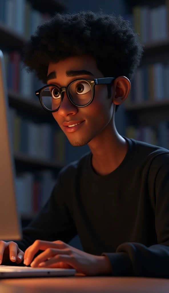 Young man, male gender, wearing black sweatshirt, thin-framed prescription glasses, medium-length black hair, afro, curly, black eyes, black skin, smooth black skin, handsome appearance, slightly muscular body, looking directly at a computer, away from the camera, close-up from the chest up, background with a slightly dark library, but with lighting highlighting the character, Pixar 3D animation image style