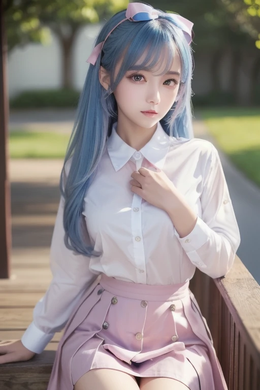 (  Details beautiful eyes and   Details face, masterpiece side light, masterpiece,  top quality ,   Details,  High Resolution Illustration ), ( 1 girl,  beautiful girls,  Shiny Skin,  Look Down,  Watch Viewers ), (  long sky blue hair , pink eye,  skirt , ribbon,  button-down shirt ) 45 degrees,  top view ,   sideways, (Hand Details )